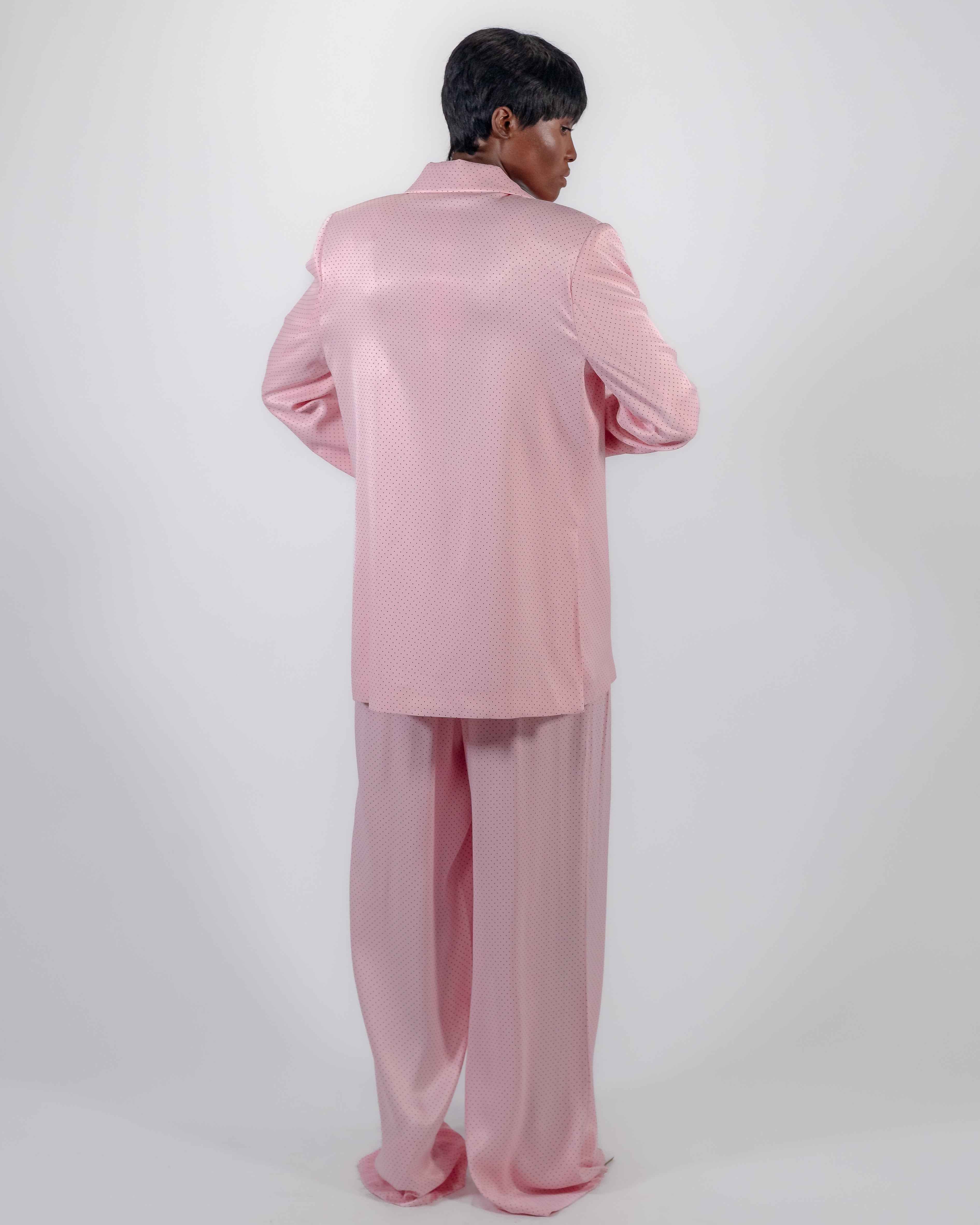 Traje Sastre Rosa con Lunares — Blazer Satinado de Doble Botonadura y Pantalón Ancho CHEEYA